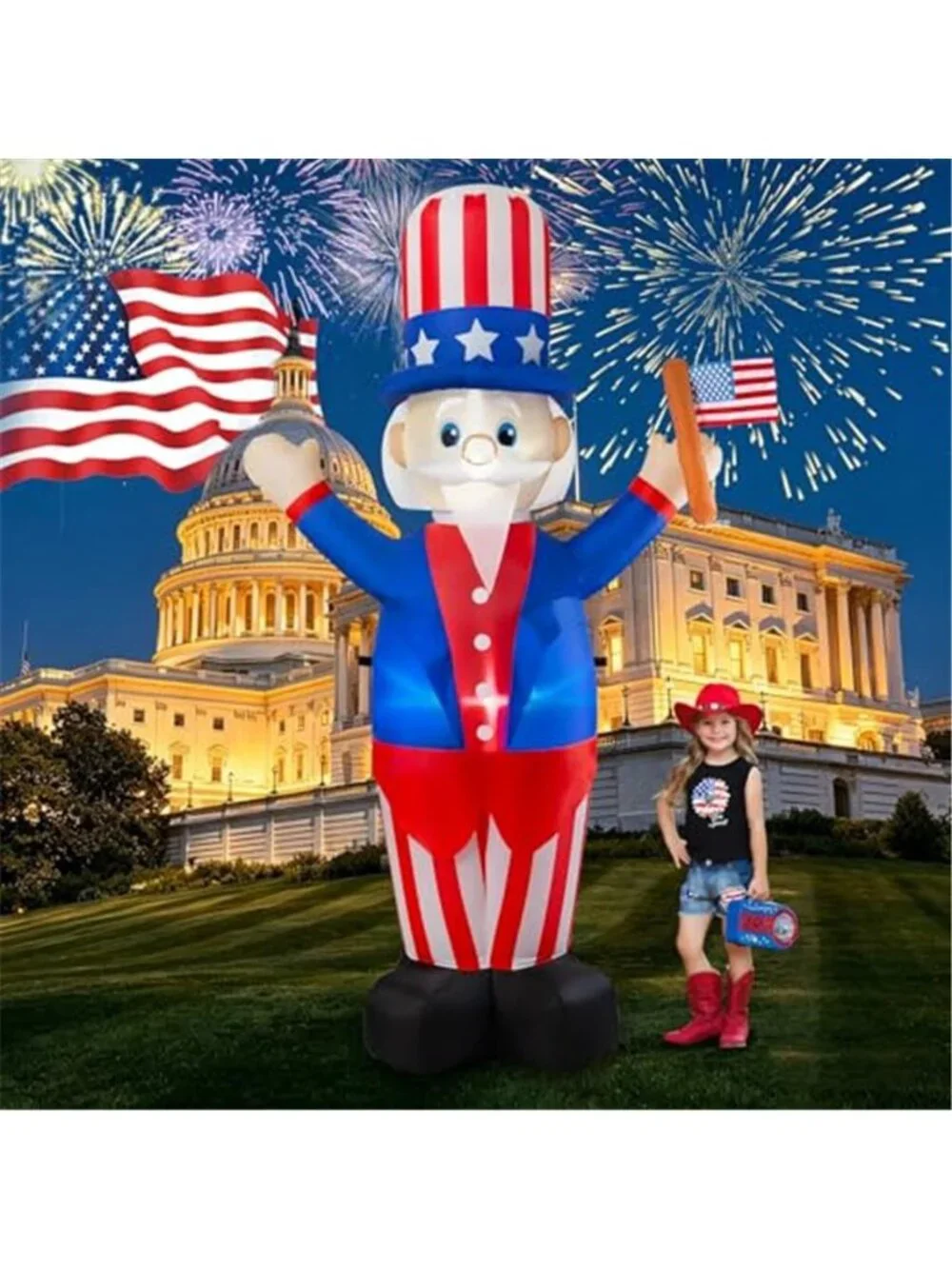 6FT Inflatable 4th of July Decoration Patriotic Uncle Sam Holding American Flag